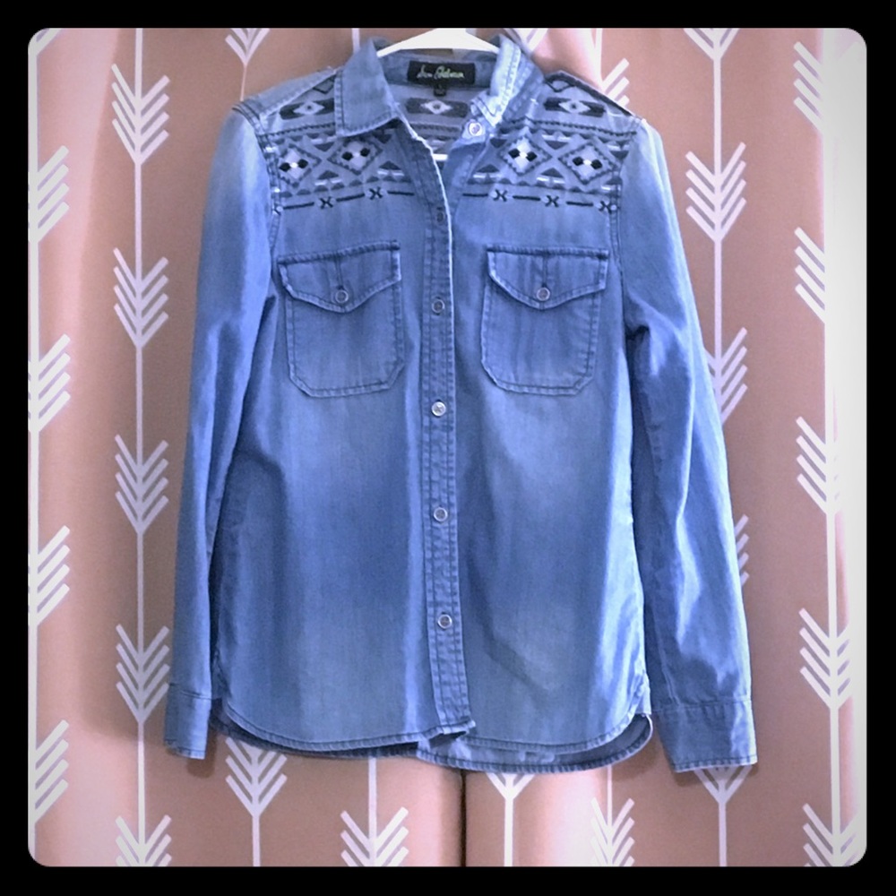 Embroidered, denim button up